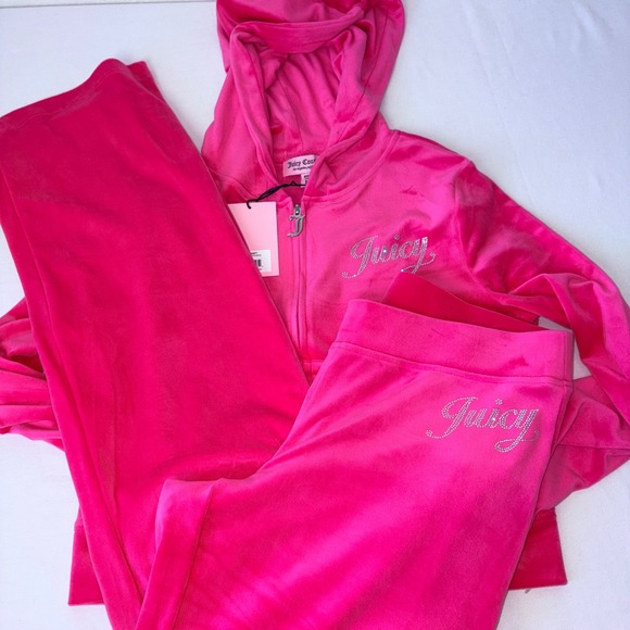 Juicy Couture Pink Party Velour Tracksuit Set Rhinestone Logo Hoodie Pant Medium - Picture 1 of 10